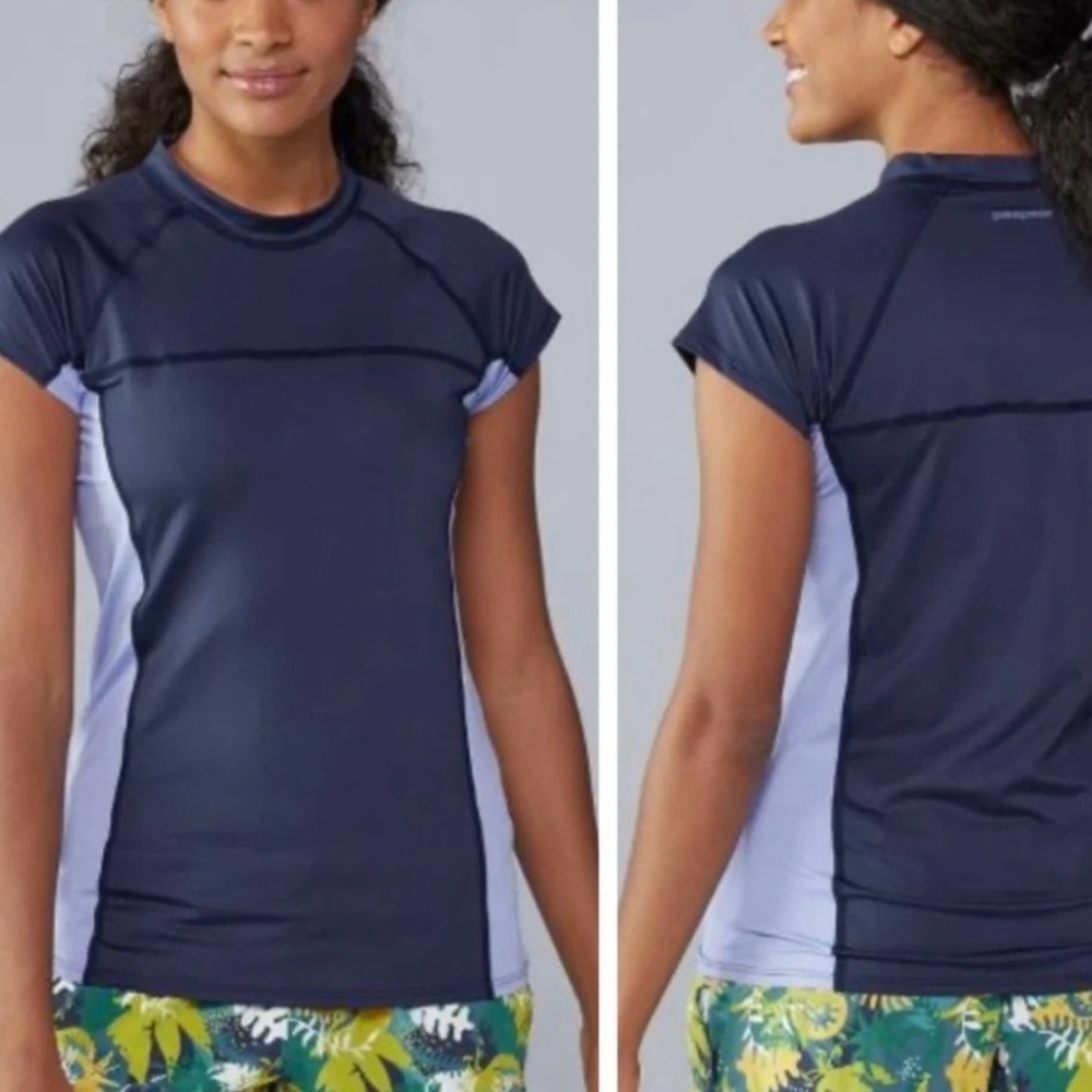 Patagonia Rash Guard Navy and Purple Mock Neck Short Sleeve Tee Athletic Swim